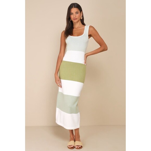 Lulus Easily Gorgeous Ivory and Sage Green Striped Midi Sweater Dress NWT Size M - Picture 2 of 9